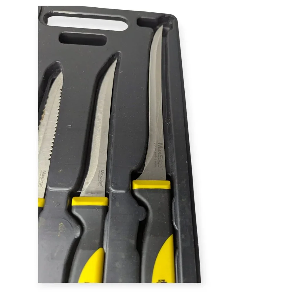 Stanley Yellow Handled 3 Knife Set with Cutting Board & Black Plastic Case